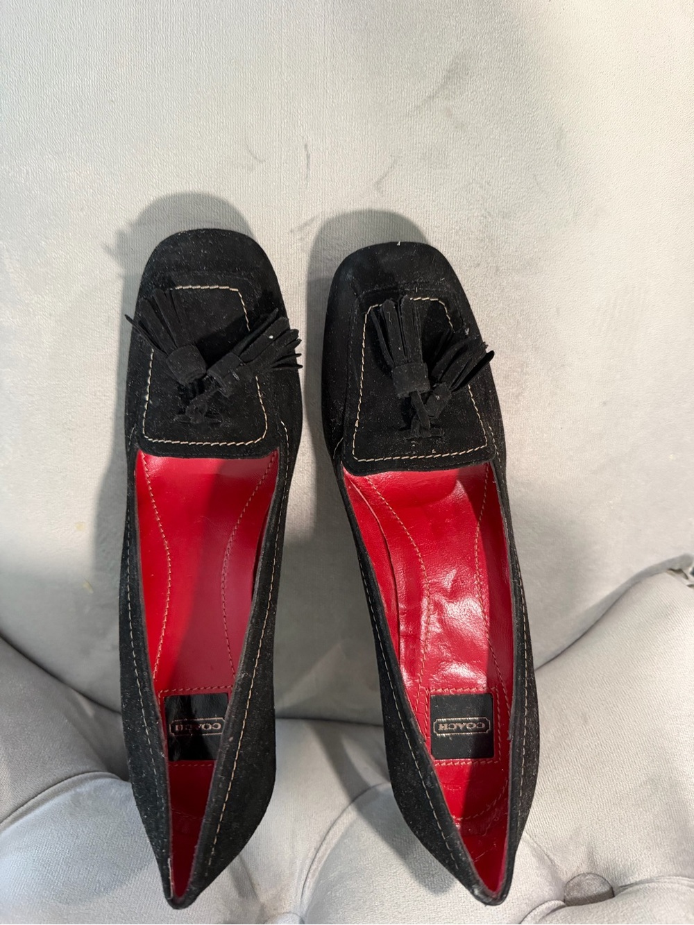 Coach Black Suede Tassel Loafers with Red Interior